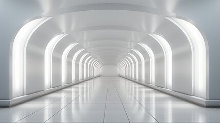 A long hallway with white walls and a tiled floor. Generative AI.