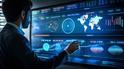 Fototapeta premium Analytics dashboard of Key Performance Indicator( KPI) using Business Intelligence( BI) metrics to measure achievement versus planned target, person touching screen icon, and success. ,generative AI