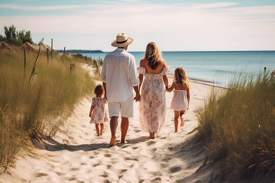 Family walking on the beach near the sea, vacation, Generative AI 5