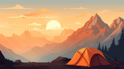Fototapeta na wymiar camping tent high in the mountains at sunset sunny ultra detail firefly forest. ,generative AI