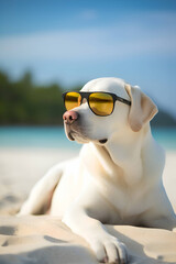 Fototapeta na wymiar A dog in sunglasses in a beach, vacation, Generative AI 3