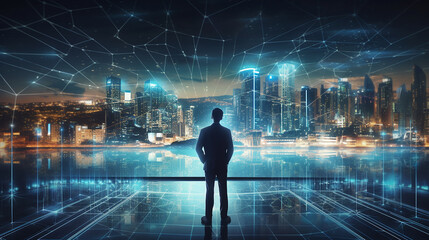 Businessman generating wireframe business global network connection on worldwide digital marketing customer data analytics. ,generative AI