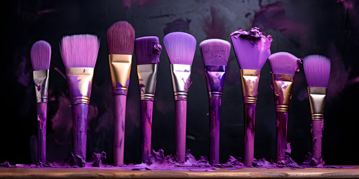 set of brushes, brushes with purple paint, brush purple color, wall art design brush purple