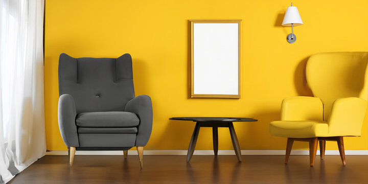 Wall painting frame mockup on a yellow wall with two armchairs with black and yellow colors and a coffee table near yellow wall. Interior design of modern living room. Created with generative AI