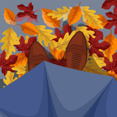 Autumn walk top view of man with umbrella and shoes vector illustration. Cartoon above street scene of rainy day, boots on legs of gentleman standing on autumn gold, red and yellow leaves in park