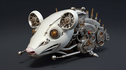A close up of a mechanical mouse on a table. Generative AI. Mechanical creature.