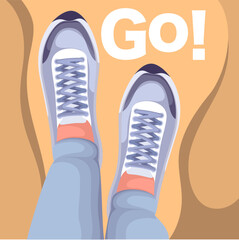 Top view of legs standing at Go inscription vector illustration. Cartoon person in casual sneakers on feet and jeans ready to start walking to new opportunity and development, go on road to future