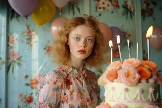 portrait of a woman/model/book character with birthday party cake setting and thoughtful/sad expression in a fashion/beauty editorial magazine style film photography look  - generative ai art