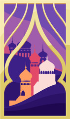 Oriental arch window with mosques and Middle East city vector illustration. Cartoon Islamic town landscape at night inside golden window frame with Arabic ornament, Muslim temples under purple sky
