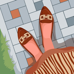 Selfie look down at womans legs in shoes vector illustration. Cartoon top view on pedestrian walking on edge of sidewalk, girl in dress and shoes with buckles on feet standing on stone pavement