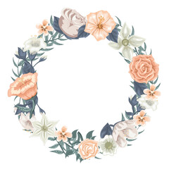 Warm wreath of flowers, roses and tulips for invitation cards, Valentine's Day, marriage, wedding and designs with a nostalgic touch