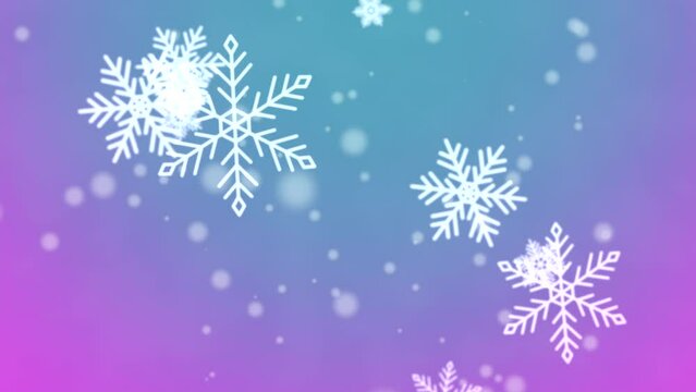 Falling white snowflakes and round glitters on blue night sky, motion holidays and winter style background for Happy New Year and Merry Christmas