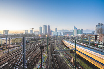 Central train station with the skyline of The Hague, The Netherlands. 