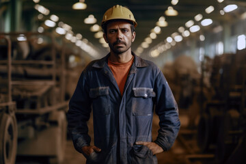 Industrial worker portrait. Young man in a uniform wearing hardhat, blur factory background.
