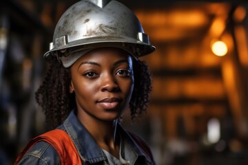 Female construction worker portrait. Young Afro woman with hardhat, blur industrial background.