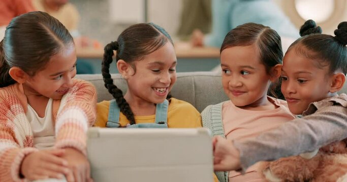 Friends, living room and children with tablet on sofa for bonding, quality time and online games. Love, friendship and happy kids on couch with digital tech watching cartoons for playdate at home