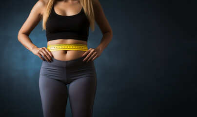 Fit woman with measuring tape, Diet and weight loss concept, perfect body. Beautiful woman...