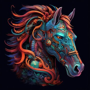 Luminous Equine Majesty: A Multilayered Realism Neon Horse Head