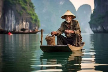 Foto op Canvas An elderly man sitting in a small boat on the serene waters in the south of Vietnam. Generative AI © RISHAD