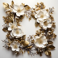 Metal and floral elements frame, wedding decorations white background. AI Generative