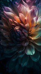 Red and yellow dahlia, iridescent blooming floral abstract, Generative AI