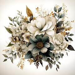 White flower and gold leaf painting floral art 3d illustration concept. AI Generative