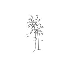 Fototapeta na wymiar Hand drawn vector abstract simple minimalistic line art graphic drawing tropical palm treeand sun icon sign collection isolated. Summer palm beach modern design concept. Summer palm beach nature logo.