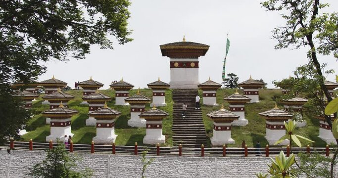 View of memorial chortens or stupas known as Druk Wangyal Chortens at Dochula Pass near Thimphu, Bhutan.