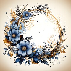 Boho Round Wedding wreath with golden frame white background. AI Generative