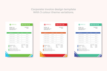 Corporate Business Invoice design vector illustration bill form and price invoice. with 3 color theme.