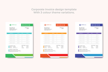 Corporate Business Invoice design vector illustration bill form and price invoice. with 3 color theme.