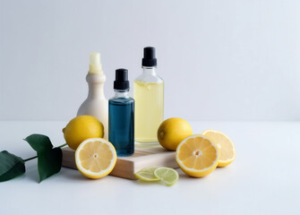 lemon bottle body oil lime natural skincare organic spa treatment. Generative AI.