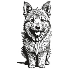 Norwich Terrier dog cartoon face ink portrait, black and white sketch drawing, tshirt print sketch drawing