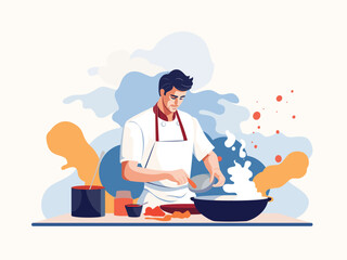 Graceful and Professional Chef  in White Jacket and Apron Preparing Dish - Minimalist Vector Illustration Art of Culinary Craftsmanship