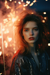 portrait of a woman/model/book character surrounded by new years eve fireworks with a thoughtful/sad expression in a fashion/beauty editorial magazine style film photography look  - generative ai art