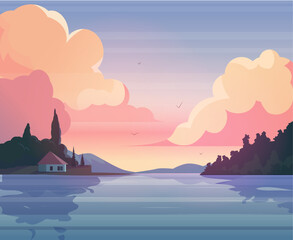 Beautiful vector background with sunlit mountains, hills, forest and lake house. - 621552993
