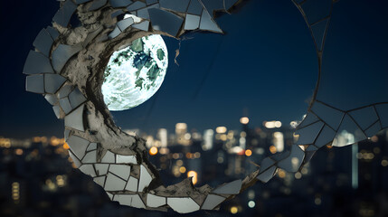 The moon shining down on a city through shards of broken glass, Generative AI