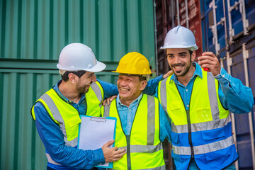 Teamwork Engineer concept, export management team is inspecting the containers. to manage the export of goods to foreign countries.