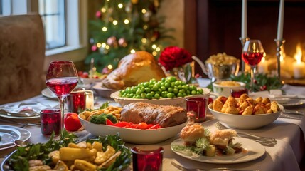 Fototapeta na wymiar Christmas meal, served on the table with decoration christmas