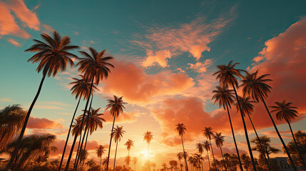 A group of palm trees in front of a sunset. Generative AI.