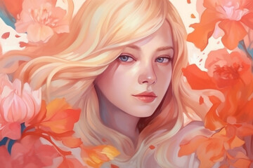 fashion woman face colourful girl flower pastel tender beauty trend portrait. Generative AI.