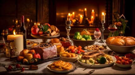 Obraz na płótnie Canvas Christmas meal, served on the table with decoration christmas