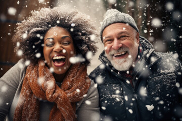 Multicultural senior couple having lots of fun in the snow, generative ai