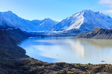 Tasman Lake and Tasman Glacier in Mount Cook National Park in the South Island of New Zealand