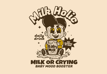 vintage drawing of baby character holding a glass of milk