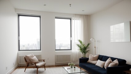 Fototapeta premium modern living room with sofa, big window and city view