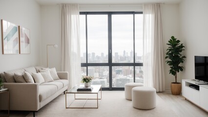 Fototapeta premium modern living room with sofa, big window and city view