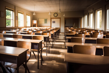 Interior of a classroom with rows of empty chairs and tables. Selective focus, background