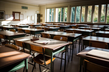 Interior of a classroom with rows of empty chairs and tables. Selective focus, background