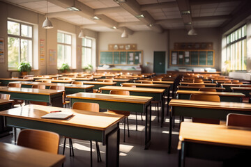 Interior of a classroom with rows of empty chairs and tables. Selective focus, background